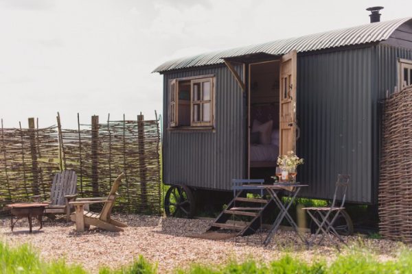 A shepherd's hut at Elmley Nature Reserve, a dry hire wedding venue in Kent