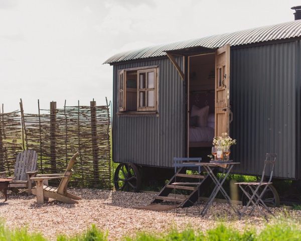 A shepherd's hut at Elmley Nature Reserve, a dry hire wedding venue in Kent